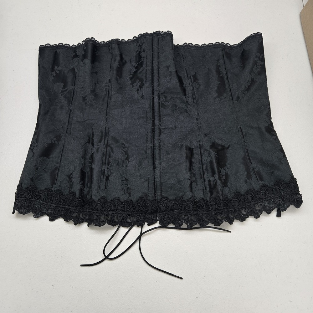 Frederick's Of Hollywood Women Corset 40 Black Floral 6109 Lace Strap Satin